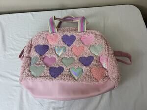 OMG Accessories Plush Pink Crossbody Bag with colorful Heart Appliqués NWT